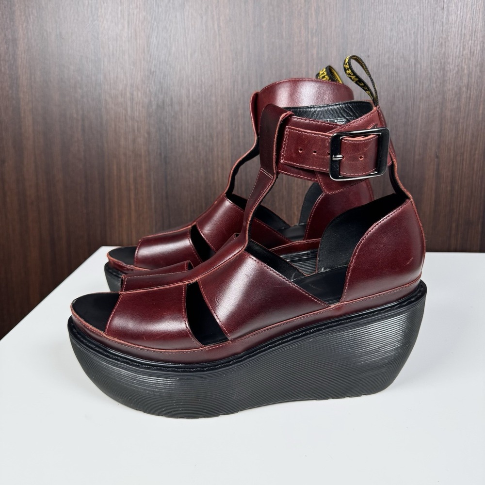 Dr. Martens Bessie Platform Leather Wedge Sandals Womens US 9 Oxblood Gladiator